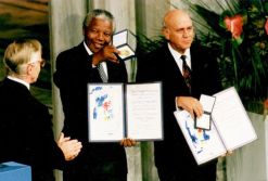 Nelson Mandela and FW de Klerk receive the Nobel Peace Prize in 1993 for their efforts to bring peace to South Africa. (Image: FW de Klerk Foundation)