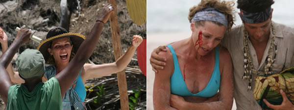 Survivor Ups and Downs: Ashley wins immunity (left) and suffers an injury during a challenge (right)