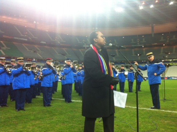 Bongani Tembe rehearses at Paris rugby stadium Bongani Tembe rehearses at Paris rugby stadium