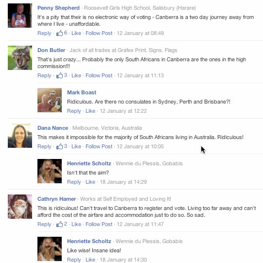 South African expats' comments SA Expats disgruntled by lack of Australian voting stations