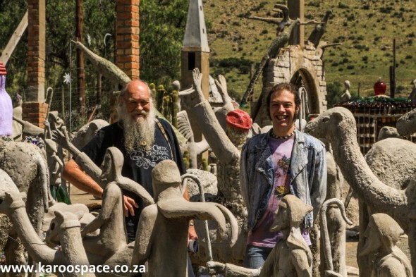 Rod and Shugg amongst the biblical characters outside the Owl House in Nieu-Bethesda. Rod and Shugg amongst the biblical characters outside the Owl House in Nieu-Bethesda.