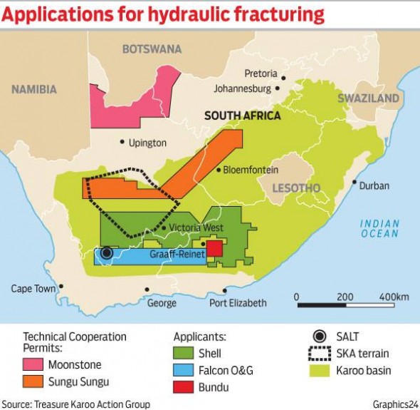Karoo areas affected by proposed fracking for shale gas.