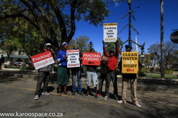 Anti-fracking protesters outside the Graaff-Reinet town hall.