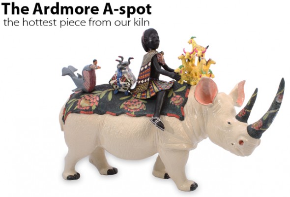 This piece pays tribute to Ardmore's first artist Bonnie Ntshalintshali. Here she is depicted as a Zulu maiden riding a black rhino. (Image: Ardmore Ceramics) This piece pays tribute to Ardmore's first artist Bonnie Ntshalintshali. Here she is depicted as a Zulu maiden riding a black rhino. (Image: Ardmore Ceramics)