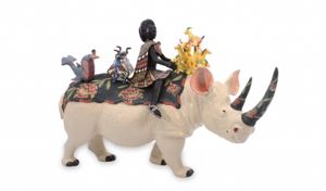 2779-7364-0-0_2518431 This piece pays tribute to Ardmore's first artist Bonnie Ntshalintshali. Here she is depicted as a Zulu maiden riding a black rhino. (Image: Ardmore Ceramics)