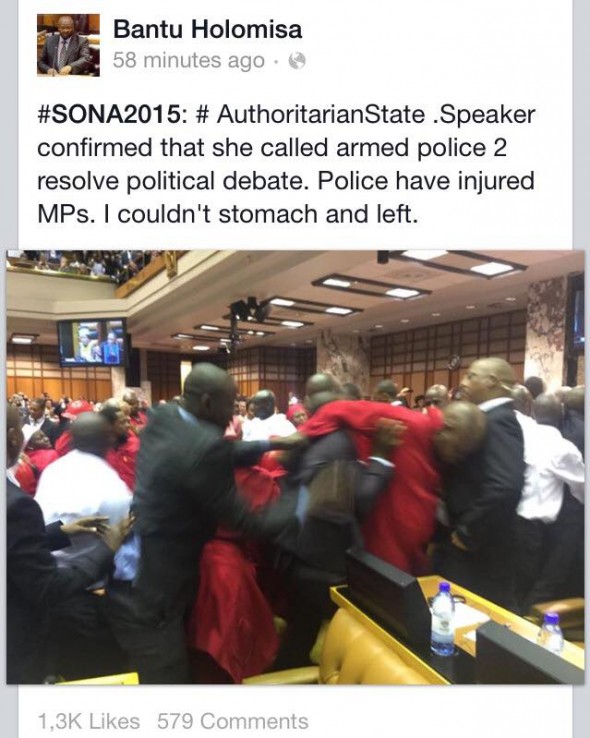 One of the tweets that went viral during #SONA2015 showing the 'scuffle'. One of the tweets that went viral during #SONA2015 showing the 'scuffle'.