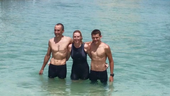 Photo: Linda Mensova. All three swimmers at the finish line. Photo: Linda Mensova. All three swimmers at the finish line.