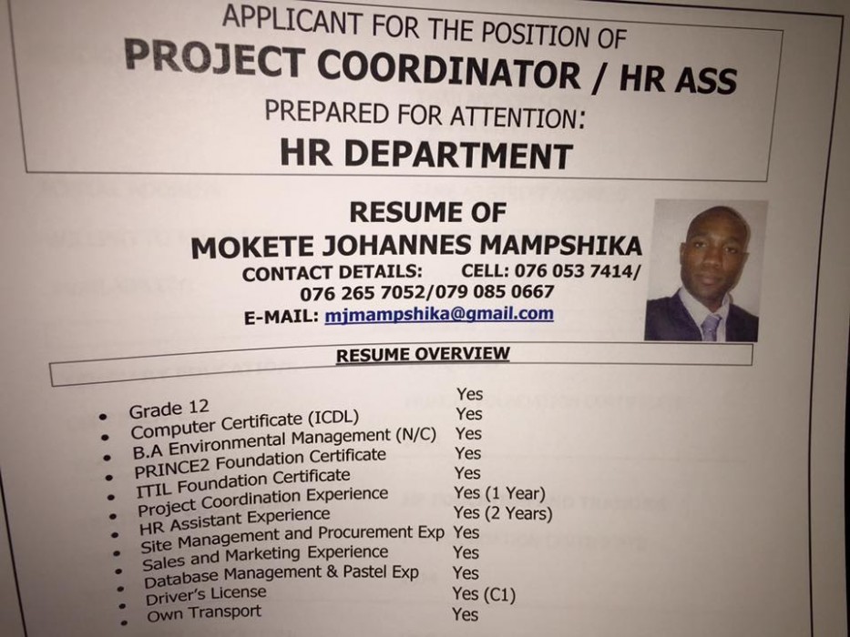 A copy of Mokete's CV which Maxine posted to Facebook.