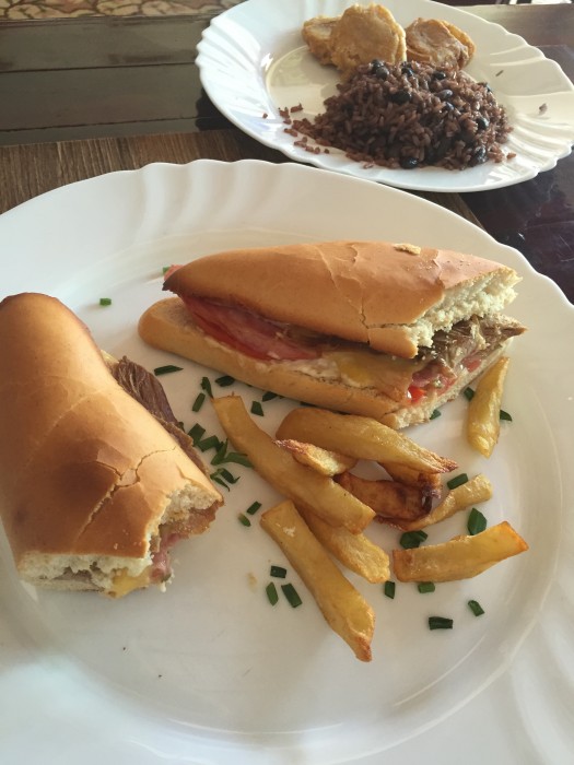 A Cuban sandwich, pork, pickle, cheese, at the darn fine San Jose restaurant in Trinidiad.