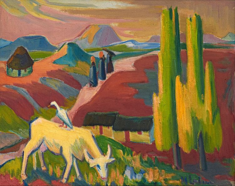 216 Maggie (Maria Magdalena) Laubser SOUTH AFRICAN 1886-1973 Landscape with Cow, Trees, Huts and Figures 350k-500k