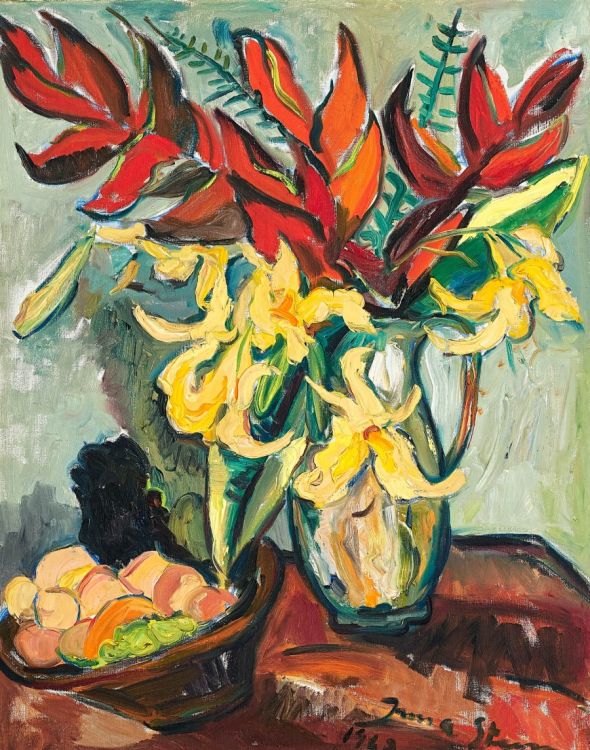 Irma Stern's 'Still Life of Fruit and Lilies in a Jug'.