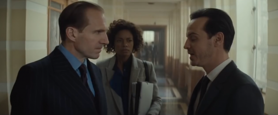 Ralph Fiennes as M, Naomi Harris as Moneypenny and a new character behind Nine Eyes, C (played by Andrew Scott).