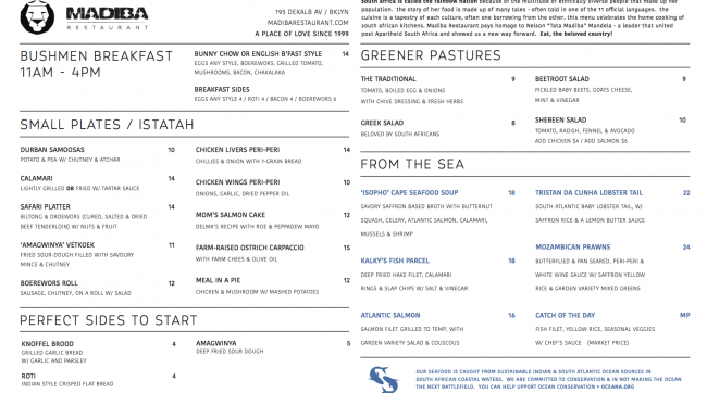Madiba restaurant menu Madiba restaurant menu