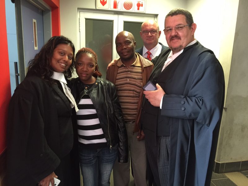 etty Ketani’s daughter, Bulelwa, Betty’s brother Mankinki, Captain Gerhard Van Wyk, prosecutor Herman Broodryk and prosecutor Namika Kowlas at the Palm Ridge Magistrate Court. Photo Alex Eliseev.