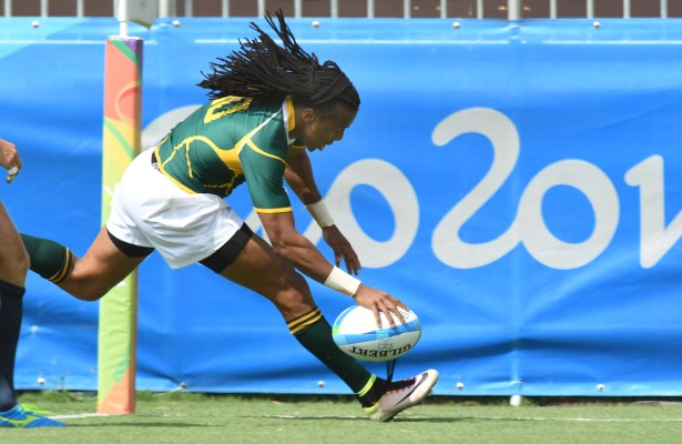 RIO DE JANEIRO, BRAZIL .9 AUGUST 2016. Cecil Afrika scors South Africa's irst try at the Olympic Games during the Sevens Rugby match against Spain at the Deodora Stadium in the Deodora Olympic Park at the Rio 2016 Olympic Games today. Copyright picture by WESSEL OOSTHUIZEN / SASPA