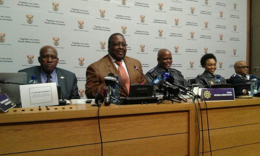 Source: Twitter/SAPS - Min of Police Mr #Nhleko & Acting NPC Lt Gen #Phahlane addressing media in parliament