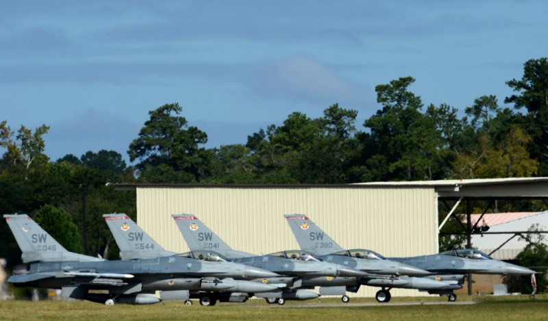 U.S. Air Force F-16CM Fighting Falcons prepare to take off to evacuate from Hurricane Matthew, at Shaw Air Force Base, South Carolina, October 6, 2016.   U.S. Air Force/Senior Airman Michael Cossaboom/Handout via Reuters