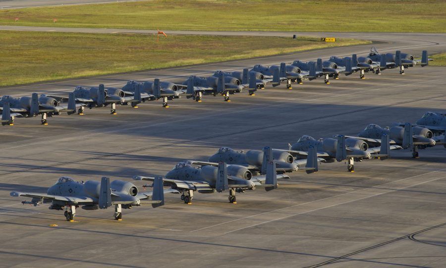 U.S. Air Force A-10C Thunderbolt IIs from Moody Air Force Base, Georgia, which evacuated ahead of Hurricane Matthew, sit on the flightline at Tyndall Air Force Base, Florida, U.S. October 6, 2016. U.S. Air Force/Staff Sgt. Alex Fox Echols III/Handout via Reuters