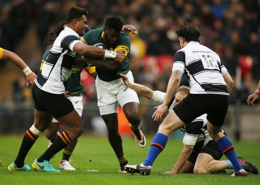 Britain Rugby Union - Barbarians v South Africa - The Killik Cup - Wembley Stadium - 5/11/16 South Africa's Jamba Ulengo is tackled by Barbarians' Seta Tamanivalu (L) Action Images via Reuters / Paul Childs Livepic