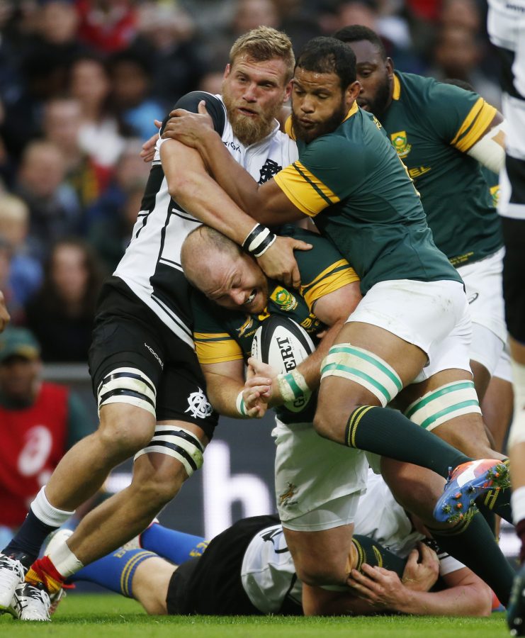 Britain Rugby Union - Barbarians v South Africa - The Killik Cup - Wembley Stadium - 5/11/16 South Africa's Lourens Adriaanse is tackled by Barbarians' Brad Shields (left) Action Images via Reuters / Paul Childs Livepic