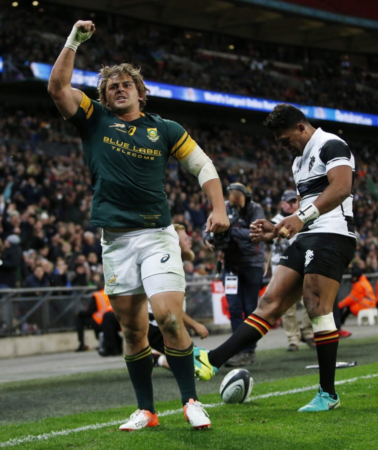 Britain Rugby Union - Barbarians v South Africa - The Killik Cup - Wembley Stadium - 5/11/16 South Africa's Rohan Janse Van Rensburg celebrates after he scores a try Action Images via Reuters / Paul Childs Livepic EDITORIAL USE ONLY.