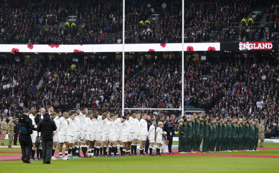 Britain Rugby Union - England v South Africa - 2016 Old Mutual Wealth Series - Twickenham Stadium, London, England - 12/11/16 England and South Africa players line up as part of remembrance commemorations before the match Action Images via Reuters / Henry Browne Livepic 
