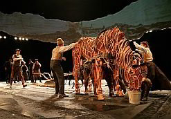 The life-size horses for the play were made from plywood and cane. The life-size horses for the play were made from plywood and cane.