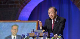 UN Secretary General Ban Ki-moon holds a speech in honor of Dag Hammarskjold at the City Hall in Stockholm