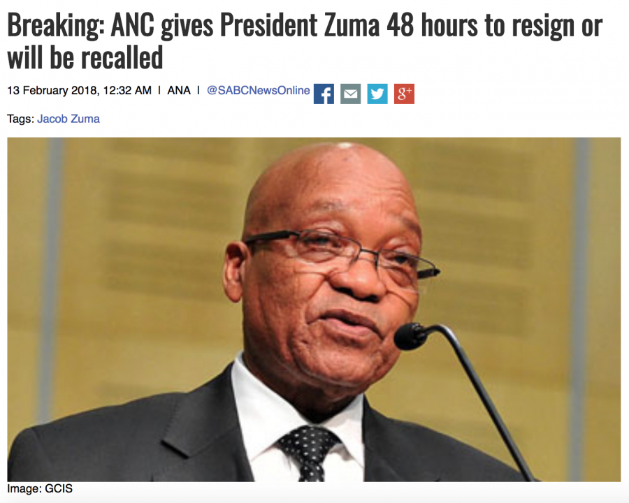 SABC says Zuma given 48 hours to resign