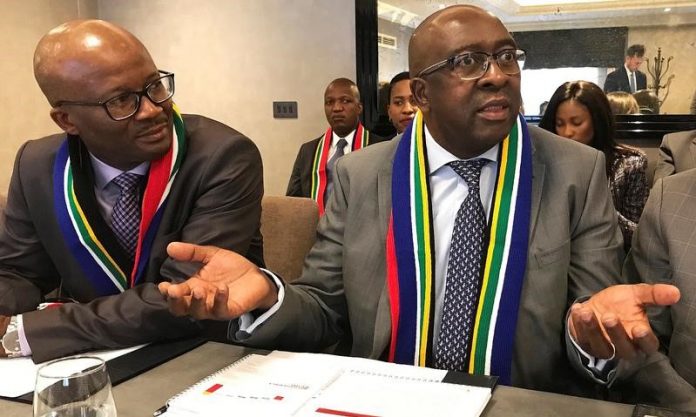 Nhlanhla Nene, South Africa's Finance Minister speaks to journalists on the sidelines of an investor roadshow in London