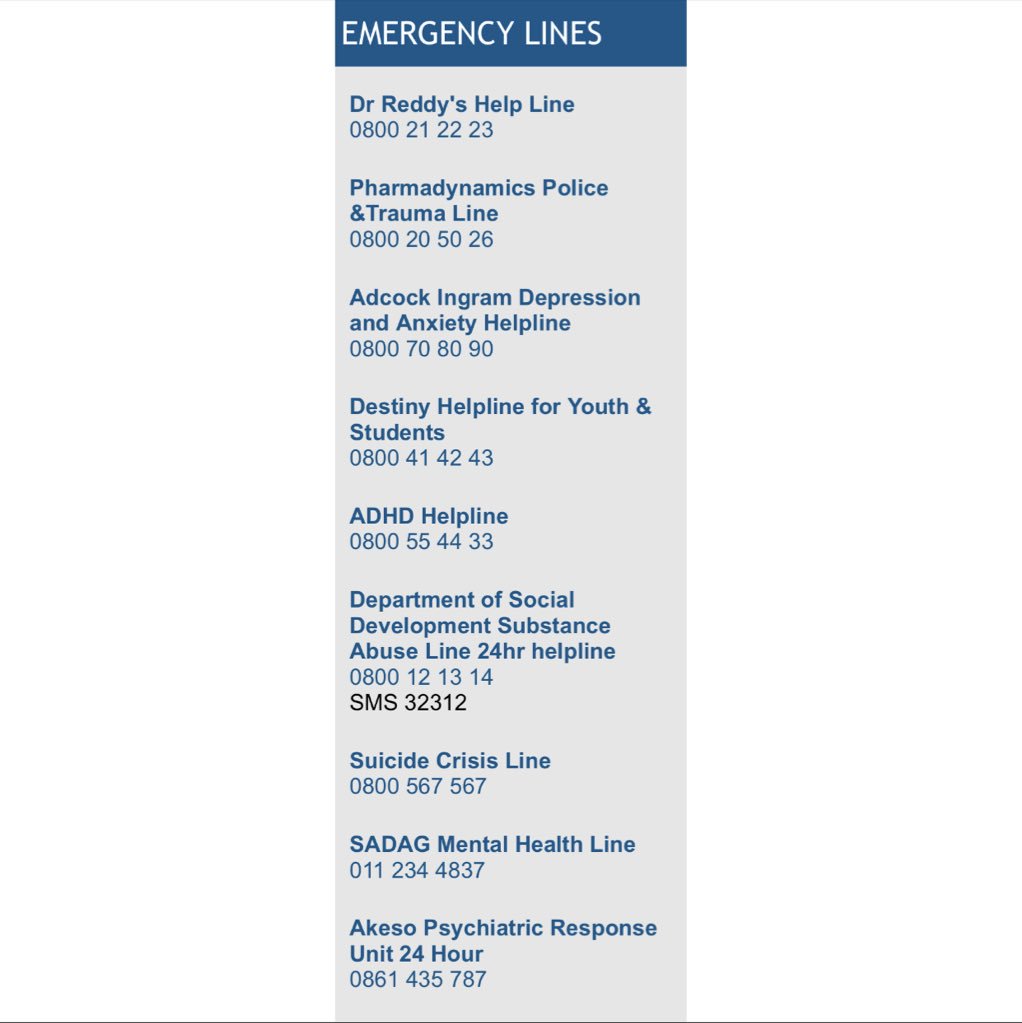 suicide help lines South Africa