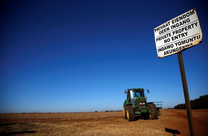 A 'No entry sign' is seen at an entrance of a farm outside Witbank, Mpumalanga province