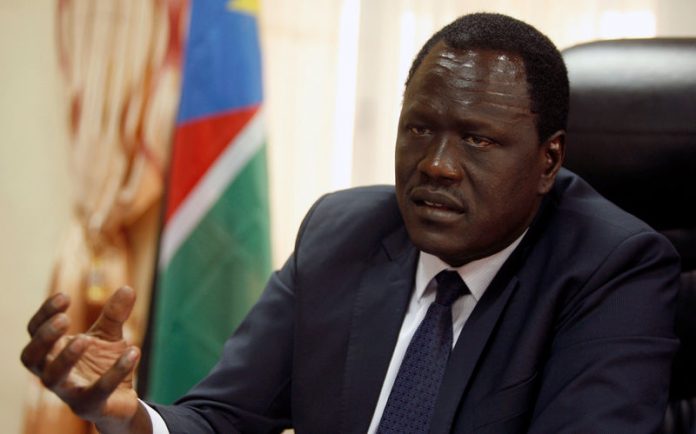South Sudan's Minister of Petroleum, Gatkuoth, speaks during Reuters interview in his office in Juba