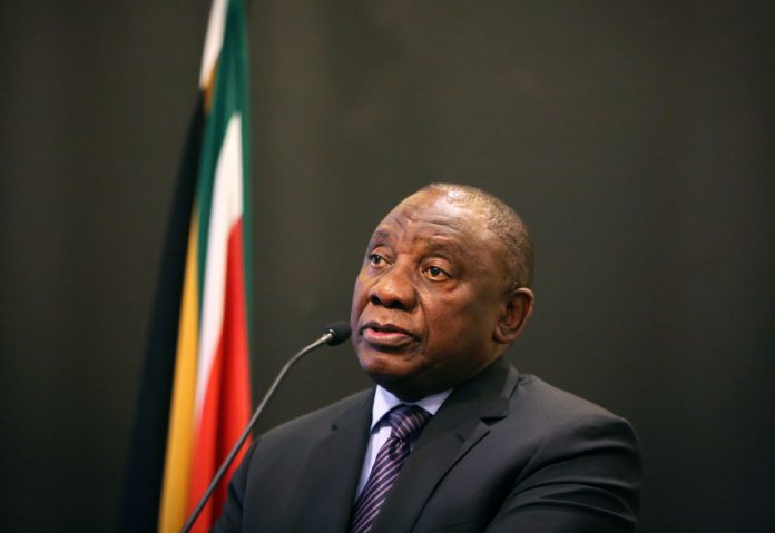 President Cyril Ramaphosa speaks before Finance Minister Tito Mboweni's swearing in ceremony at Tuynhuys in Cape Town