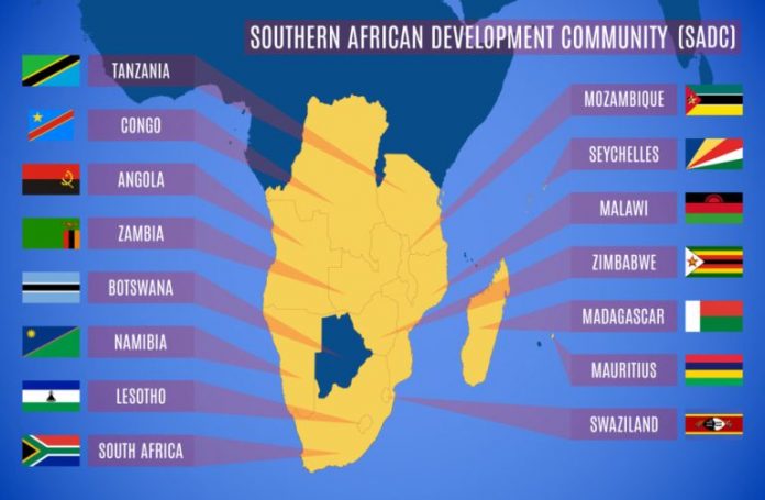 Schematic flag and map of the Southern African Development Community.