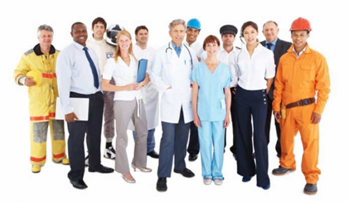 Group of people from their respective professions on white