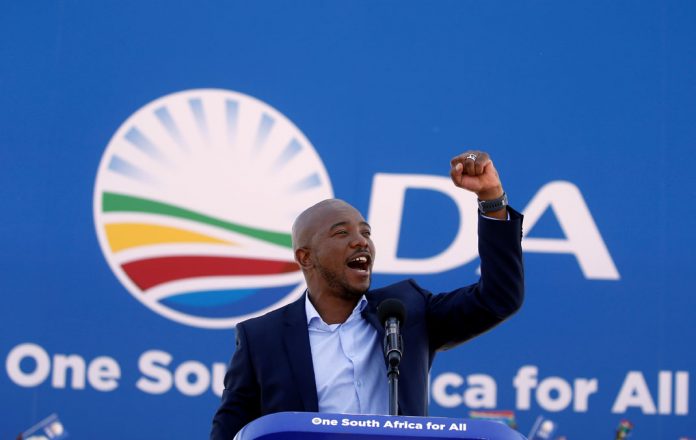 Mmusi Maimane, leader of South Africa's largest opposition party, the Democratic Alliance (DA), addresses supporters at his party's final election rally ahead of the country's May 8 poll, in Soweto near Johannesburg
