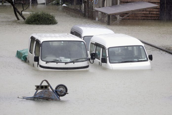 A residential area is flooded in Ise, Mie Prefecture, central Japan, ahead of the arrival of Typhoon Hagibis Typhoon Hagibis Japan