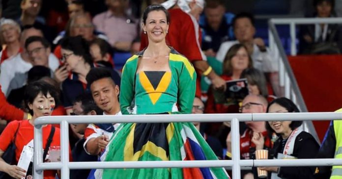 kirsten-teasdale-south-african-sa-flag-dress-springbok-fan kirsten-teasdale-south-african-sa-flag-dress-springbok-fan at the rugby world cup