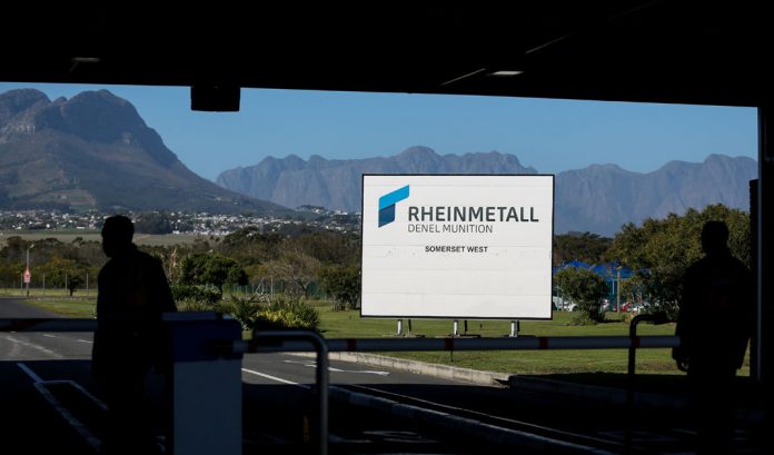 FILE PHOTO: A company logo is seen at the entrance to the Rheinmetall Denel Munition plant near Cape Town, South Africa South Africa Blocks Arms Slaes to Saudi and UAE in Inspection Row