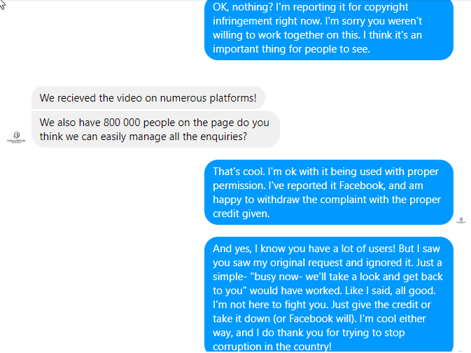 message to page that refused to give credit