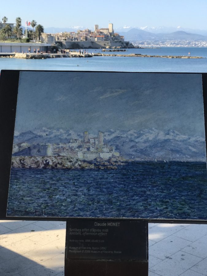 There are several Claude Monet paintings shown around the town and up at the lighthouse. Antibes