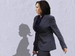 Kamala Harris with shadow of Ruby Bridges