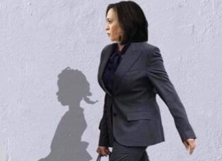 Kamala Harris with shadow of Ruby Bridges
