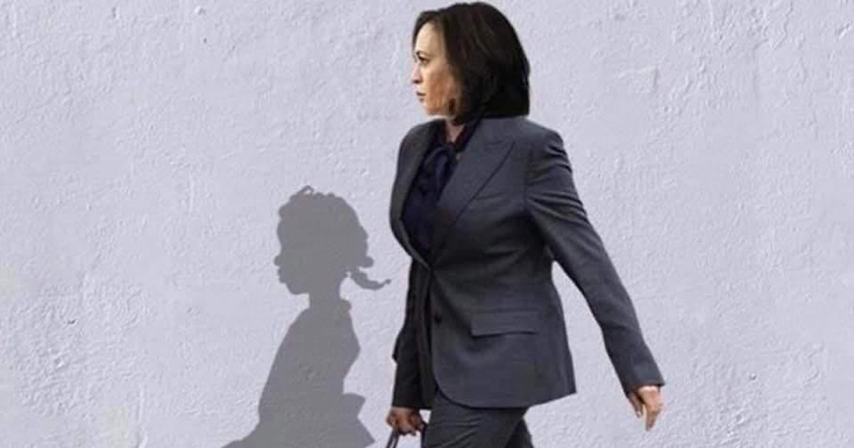 Kamala Harris with shadow of Ruby Bridges
