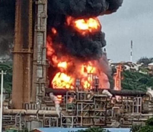 Engen refinery fire in Durban South Africa after an explosion on Friday morning, 4 December 2020. Photo supplied.
