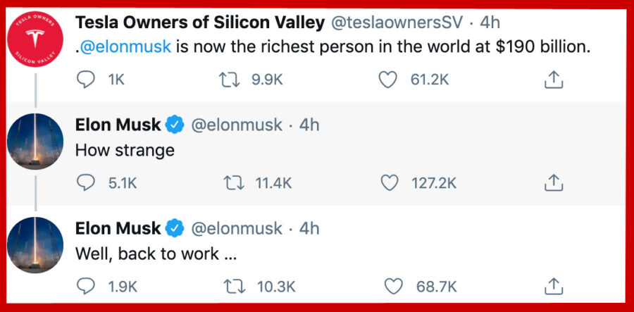 Elon Musk's classic response to becoming the richest person in the world.