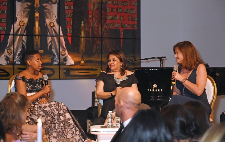 Youth Ambassador to KZN Children's Hospital Lindiwe Nyathikazi and CEO Dr Arthi Ramkissoon being interviewed as Guests of Honour at the VIP White Tie & Tiara at Sir Elton John's mansion Woodside in Old Windsor, Berkshire.