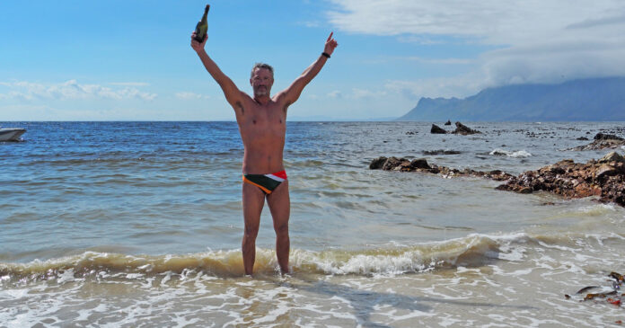 False-Bay-world-record-South-African-3 Ryan Stramrood celebrating after his record-breaking False Bay Crossing.