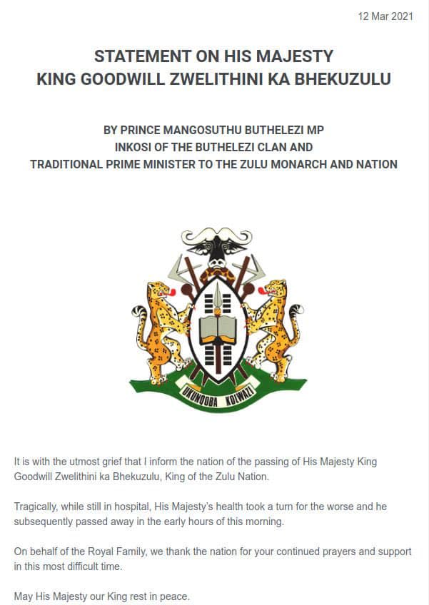 Prince Buthelezi statement King death